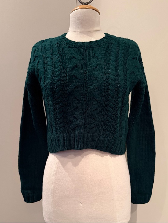 Lucca Couture Sweaters - Lucca Couture Dark Teal Cable Knit Cropped Crew Sweater